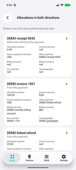 Complete selected allocation card: invoice, billing, other payment, G/L and geography remain independent contexts. — Native Cifru; wholly fictional DEMO, not a real ERP test.