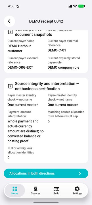 Payment Details and Allocations button; interpretation checks are not posting or collection certification. — Native Cifru; wholly fictional DEMO, not a real ERP test.