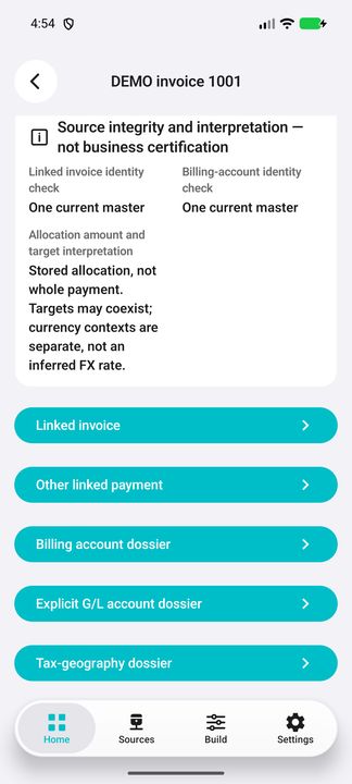Allocation Details with all five related buttons; readable invoice reference is not an exclusive target classification. — Native Cifru; wholly fictional DEMO, not a real ERP test.