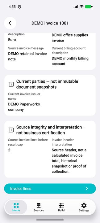 Linked invoice Details and Invoice lines button; document dates need not match the root payment period. — Native Cifru; wholly fictional DEMO, not a real ERP test.