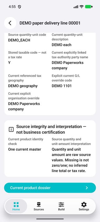 Invoice-line Details and Product button; stored unit amount and quantity are not reconstructed invoice totals. — Native Cifru; wholly fictional DEMO, not a real ERP test.