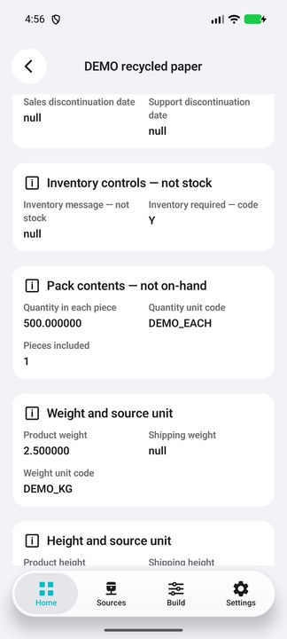 Current product dossier: packaging quantity, pieces, weight and source units; not invoice stock or a price list. — Native Cifru; wholly fictional DEMO, not a real ERP test.