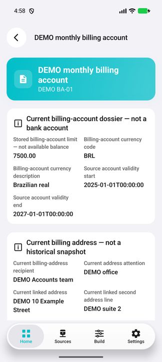 Billing-account dossier: separate limit/currency and current address; not an available balance or bank account. — Native Cifru; wholly fictional DEMO, not a real ERP test.