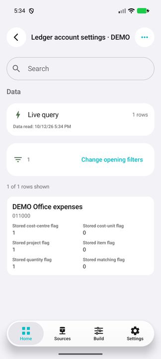 Complete selected G/L account card: business code and six raw stored tracking/matching flags. — Native Cifru; wholly fictional DEMO, not a real ERP test.