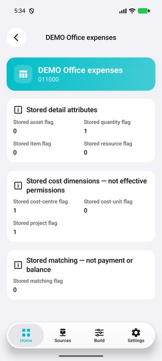 Complete same-row Details: eight stored flags plus account name/code in the header; no inferred balance or paid status. — Native Cifru; wholly fictional DEMO, not a real ERP test.