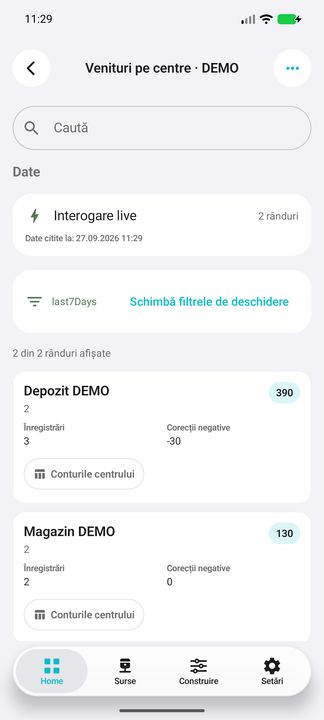 Lista în aplicația Cifru. Date demonstrative (DEMO), fără clienți sau valori comerciale reale.
