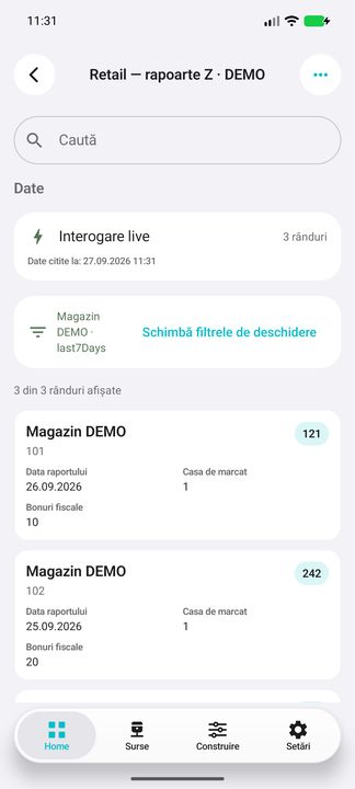 Lista în aplicația Cifru. Date demonstrative (DEMO), fără clienți sau valori comerciale reale.