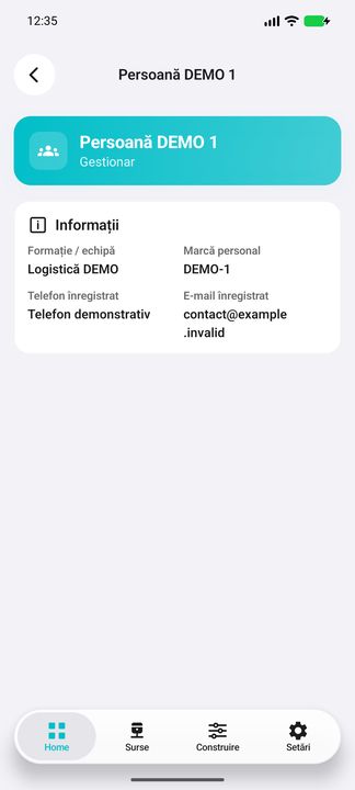 Detalii personal: marcă și contact înregistrat — în aplicația Cifru. Date demonstrative (DEMO), fără persoane sau valori comerciale reale.