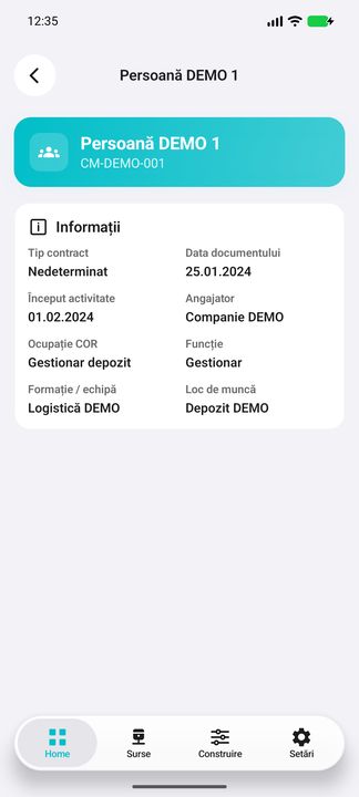 Detalii contract: angajator, COR, funcție, echipă și loc de muncă — în aplicația Cifru. Date demonstrative (DEMO), fără persoane sau valori comerciale reale.