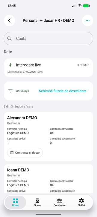 Personal: echipă, funcție și contract activ astăzi — în aplicația Cifru. Date demonstrative (DEMO), fără persoane sau valori comerciale reale.