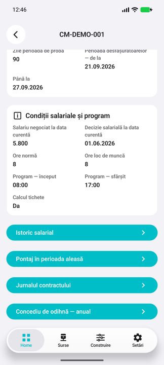 Detalii contract: salariu negociat, normă, program și sub-butoane — în aplicația Cifru. Date demonstrative (DEMO), fără persoane sau valori comerciale reale.