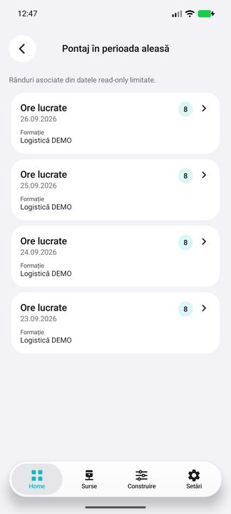 Pontajul înregistrat în perioada aleasă — în aplicația Cifru. Date demonstrative (DEMO), fără persoane sau valori comerciale reale.