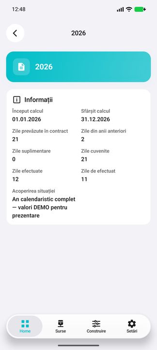 Concediu de odihnă: situația întregului an calculată de Nexus — în aplicația Cifru. Date demonstrative (DEMO), fără persoane sau valori comerciale reale.