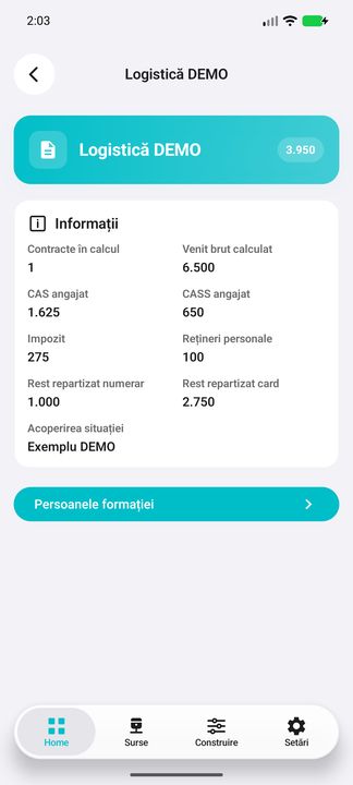 Detaliile formației: brut, net, contribuții și repartizare — în aplicația Cifru. Date demonstrative (DEMO), fără persoane sau valori comerciale reale.