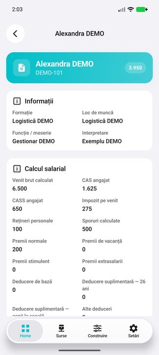 Dosarul salarial al persoanei: calcul și deduceri (prima parte) — în aplicația Cifru. Date demonstrative (DEMO), fără persoane sau valori comerciale reale.