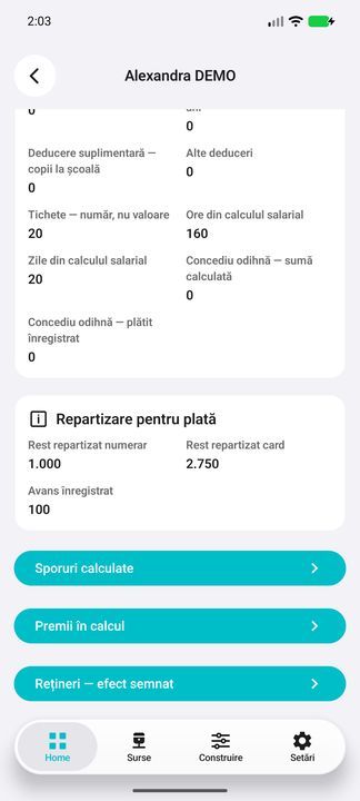Continuarea dosarului: ore, zile, repartizare și sub-butoane — în aplicația Cifru. Date demonstrative (DEMO), fără persoane sau valori comerciale reale.