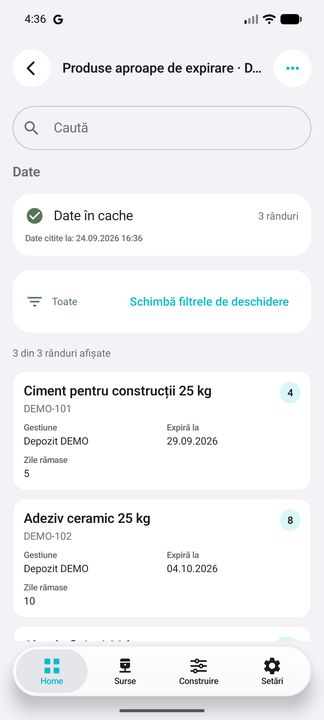 Lista în aplicația Cifru. Date demonstrative (DEMO), fără clienți sau valori comerciale reale.