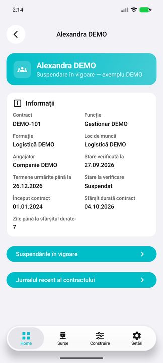 Contractul complet și accesul la suspendări și jurnal — în aplicația Cifru. Date demonstrative (DEMO), fără persoane sau valori comerciale reale.