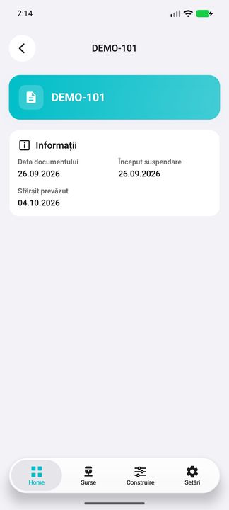 Documentul suspendării în vigoare și limitele sale — în aplicația Cifru. Date demonstrative (DEMO), fără persoane sau valori comerciale reale.