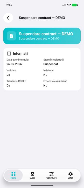 Eveniment REGES: stare, validare și transmitere — în aplicația Cifru. Date demonstrative (DEMO), fără persoane sau valori comerciale reale.