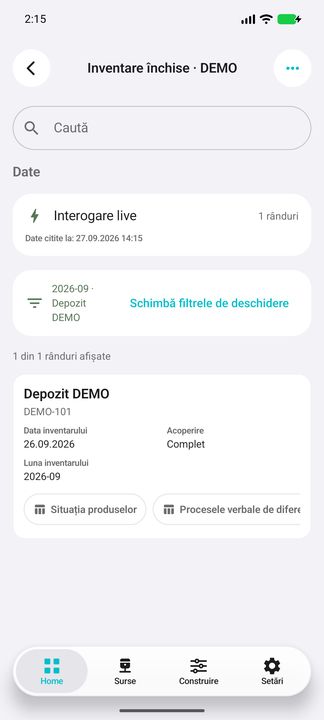 Inventarele închise, filtrate după lună și gestiune — în aplicația Cifru. Date demonstrative (DEMO), fără persoane sau valori comerciale reale.