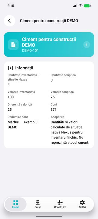 Produsul: scriptic versus inventariat, cantități și valori — în aplicația Cifru. Date demonstrative (DEMO), fără persoane sau valori comerciale reale.