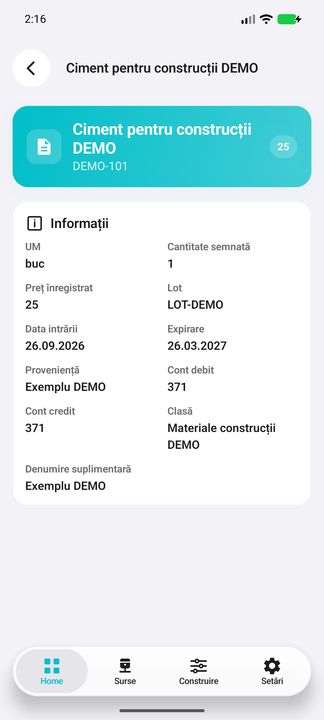 Linia procesului verbal: preț, valoare, conturi și lot — în aplicația Cifru. Date demonstrative (DEMO), fără persoane sau valori comerciale reale.