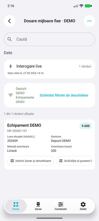 Mijloace fixe: gestiune, număr inventar, valoare rămasă și amortizare — în aplicația Cifru. Date demonstrative (DEMO), fără persoane sau valori comerciale reale.