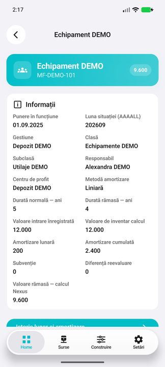 Dosarul bunului: responsabil, clasă, durate și valori — în aplicația Cifru. Date demonstrative (DEMO), fără persoane sau valori comerciale reale.