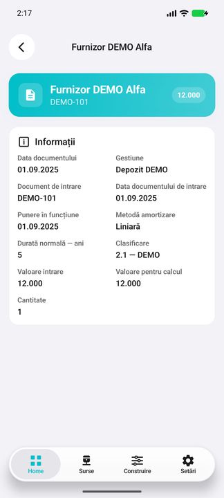 Achiziția și punerea în funcțiune a bunului — în aplicația Cifru. Date demonstrative (DEMO), fără persoane sau valori comerciale reale.