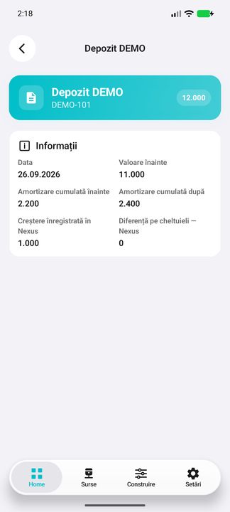 Reevaluarea: valori și amortizare înainte și după — în aplicația Cifru. Date demonstrative (DEMO), fără persoane sau valori comerciale reale.