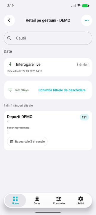 Vânzări retail pe gestiune în perioada aleasă — în aplicația Cifru. Date demonstrative (DEMO), fără persoane sau valori comerciale reale.