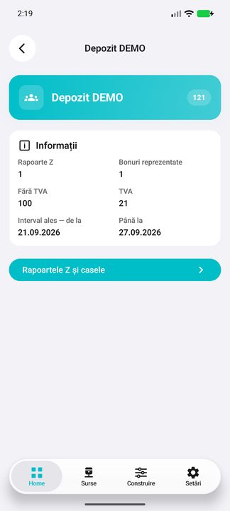 Gestiunea: totaluri, TVA și acces la rapoartele Z — în aplicația Cifru. Date demonstrative (DEMO), fără persoane sau valori comerciale reale.