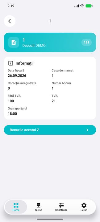 Raportul Z: casă, număr de bonuri și oră de închidere — în aplicația Cifru. Date demonstrative (DEMO), fără persoane sau valori comerciale reale.