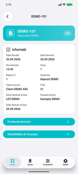 Bonul fiscal complet și acces la produse și încasări — în aplicația Cifru. Date demonstrative (DEMO), fără persoane sau valori comerciale reale.