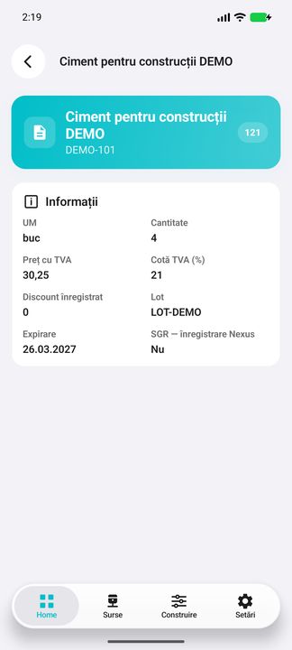 Linia bonului: preț, TVA, lot, termen și SGR — în aplicația Cifru. Date demonstrative (DEMO), fără persoane sau valori comerciale reale.