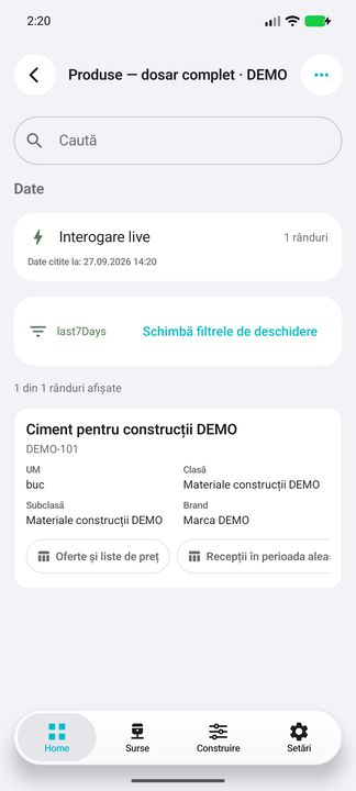 Catalogul produselor: cod, clasă, subclasă și brand — în aplicația Cifru. Date demonstrative (DEMO), fără persoane sau valori comerciale reale.