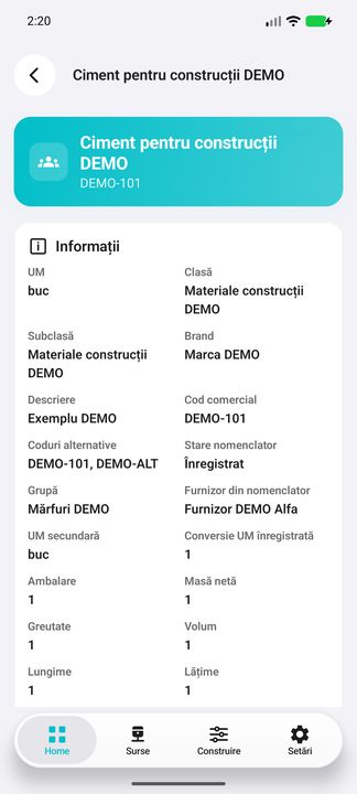 Dosarul produsului: identificare comercială, furnizor și caracteristici — în aplicația Cifru. Date demonstrative (DEMO), fără persoane sau valori comerciale reale.