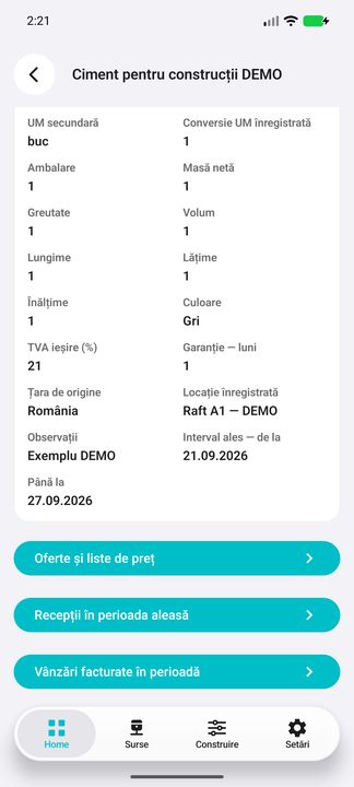Continuarea dosarului și acces la oferte, recepții și vânzări — în aplicația Cifru. Date demonstrative (DEMO), fără persoane sau valori comerciale reale.
