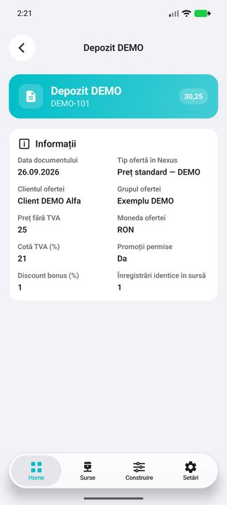 Contextul ofertei: client, monedă, TVA și condiții — în aplicația Cifru. Date demonstrative (DEMO), fără persoane sau valori comerciale reale.