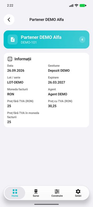 Vânzarea: client, agent, lot și prețurile înregistrate în Nexus — în aplicația Cifru. Date demonstrative (DEMO), fără persoane sau valori comerciale reale.