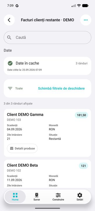 Lista în aplicația Cifru. Date demonstrative (DEMO), fără clienți sau valori comerciale reale.