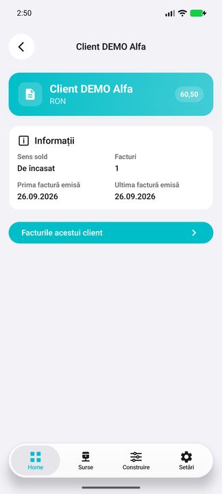 Clientul: sold, număr de facturi și acces la documente — în aplicația Cifru. Date demonstrative (DEMO), fără persoane sau valori comerciale reale.