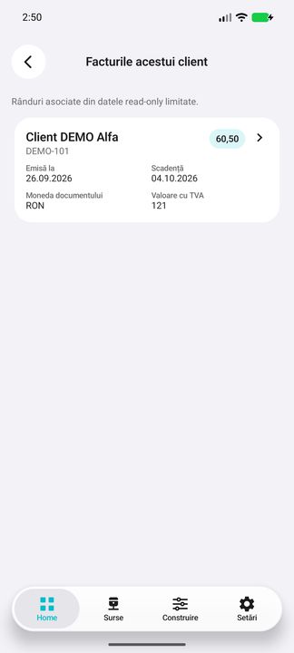 Facturile clientului: total, sold și scadență — în aplicația Cifru. Date demonstrative (DEMO), fără persoane sau valori comerciale reale.