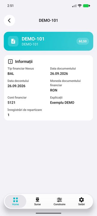 Încasarea repartizată: document financiar, monedă, cont și sumă — în aplicația Cifru. Date demonstrative (DEMO), fără persoane sau valori comerciale reale.