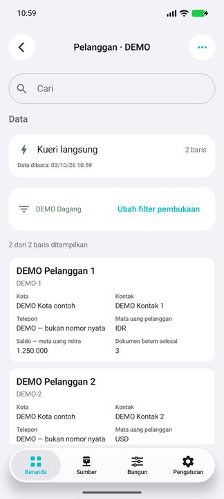 Daftar pelanggan: filter kelompok, kontak, mata uang dan saldo — Cifru native; DEMO, seluruh data fiktif. Bukan uji koneksi ke ERP nyata.