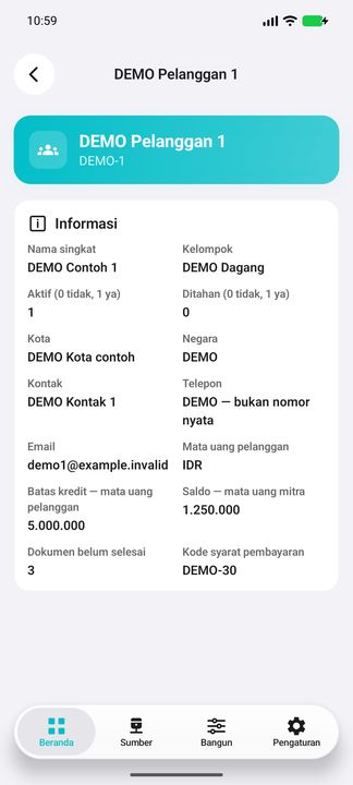 Rincian pelanggan: status, kontak, batas kredit dan syarat pembayaran — Cifru native; DEMO, seluruh data fiktif. Bukan uji koneksi ke ERP nyata.
