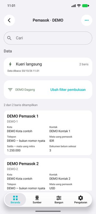 Daftar pemasok: kelompok, kontak, mata uang dan saldo — Cifru native; DEMO, seluruh data fiktif. Bukan uji koneksi ke ERP nyata.