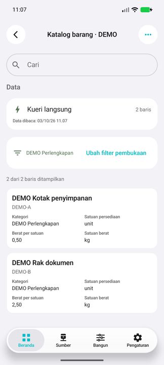 Katalog barang: kategori, satuan dan berat; bukan laporan saldo stok — Cifru native; DEMO, seluruh data fiktif. Bukan uji koneksi ke ERP nyata.