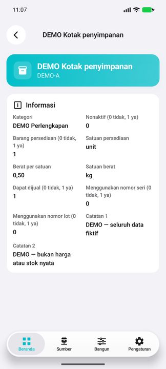 Rincian barang: persediaan, penjualan, seri/lot dan catatan — Cifru native; DEMO, seluruh data fiktif. Bukan uji koneksi ke ERP nyata.